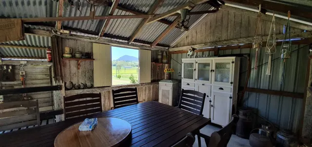 Inside the rustic entertaining shed