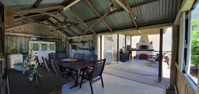 The covered outdoor entertaining area
