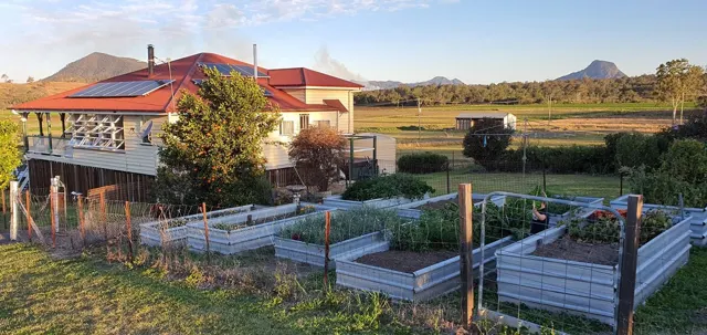 Raised garden beds beside the farmhouse