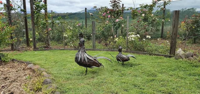 Garden ornaments by the vegetable patch